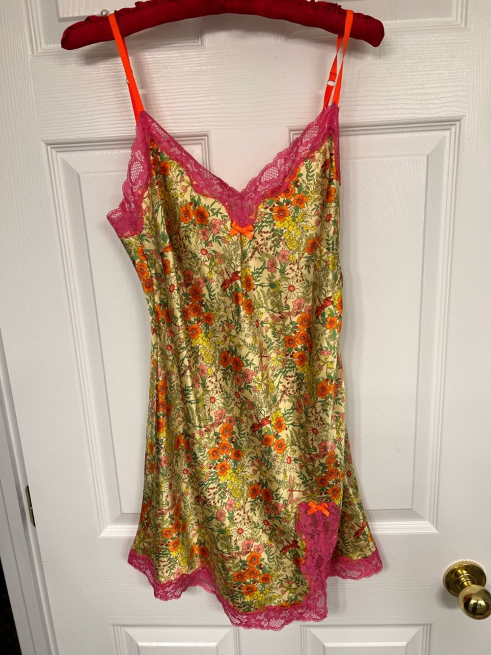 Victoria's Secret Gold Floral Satin Chemise with Pink Lace Trim Sexy Lingerie
